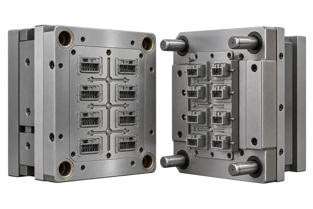 AI concept of an open mold assembly for small connector housings, not an actual manufactured project