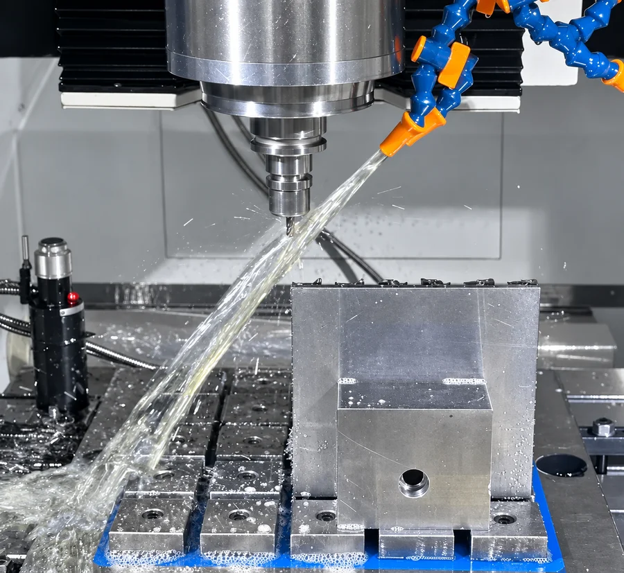 Milling cutter machining a metal workpiece with coolant at the cutting zone