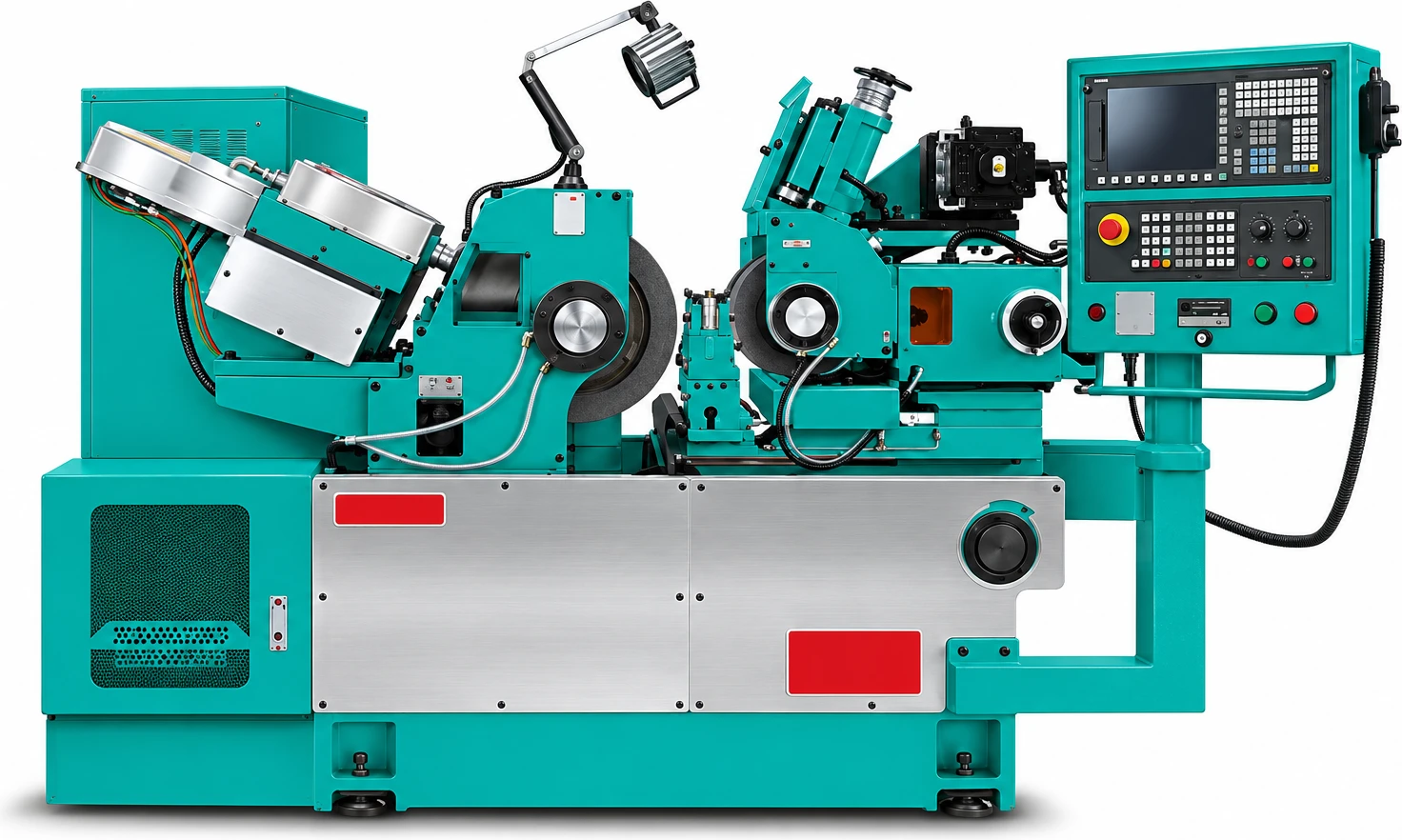 AI-recreated green precision grinding equipment illustration, not an installed-machine photograph