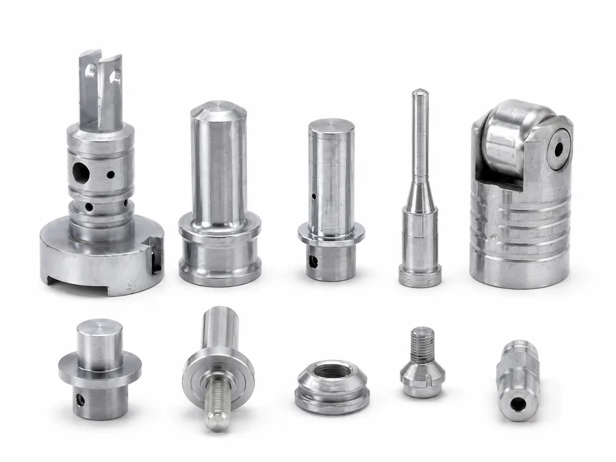 Metal mold components with machined diameters, slots and threads; material grade confirmed from specification