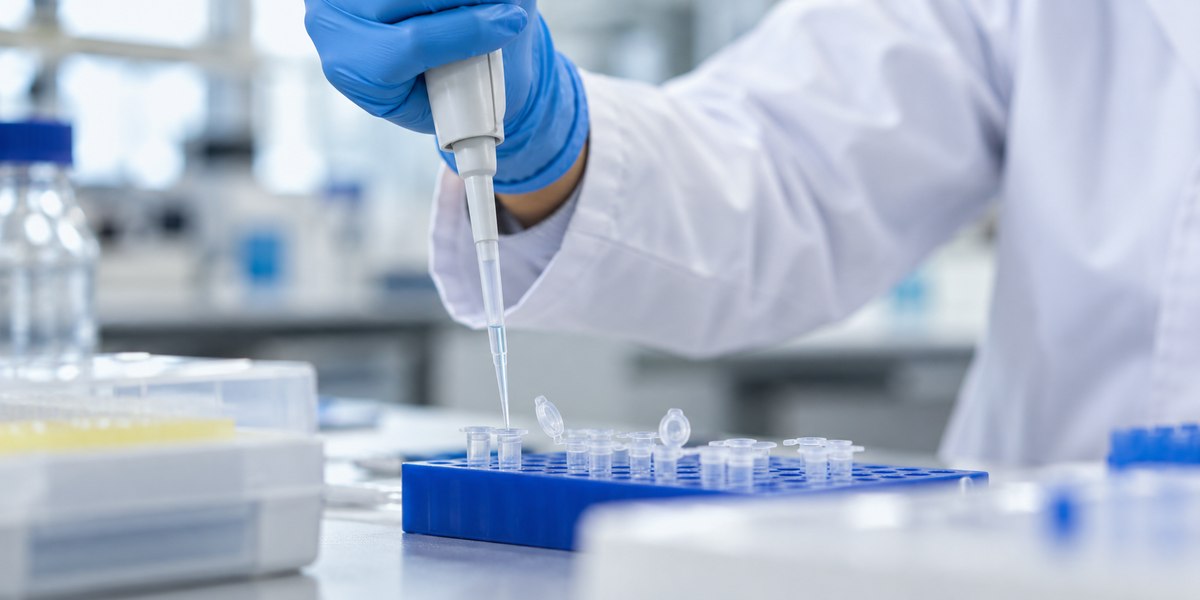 Gloved laboratory technician using a disposable pipette tip to transfer a sample