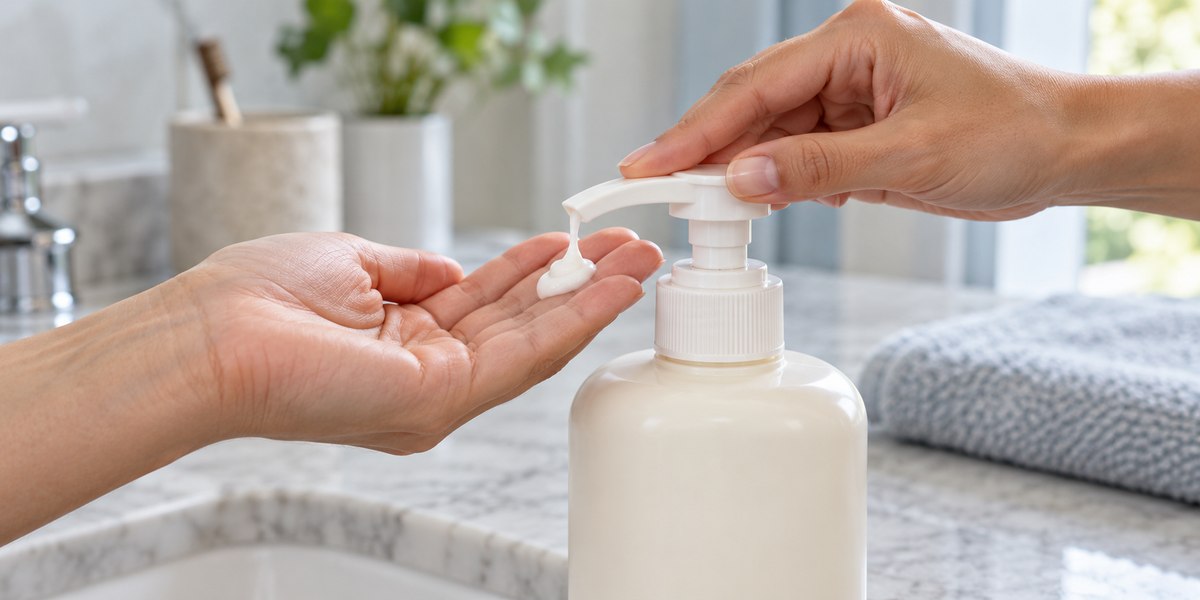 Lotion pump actuator being pressed to dispense lotion into an open palm