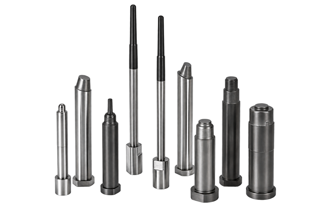 Machined mold components with cylindrical bodies, steps and locating features