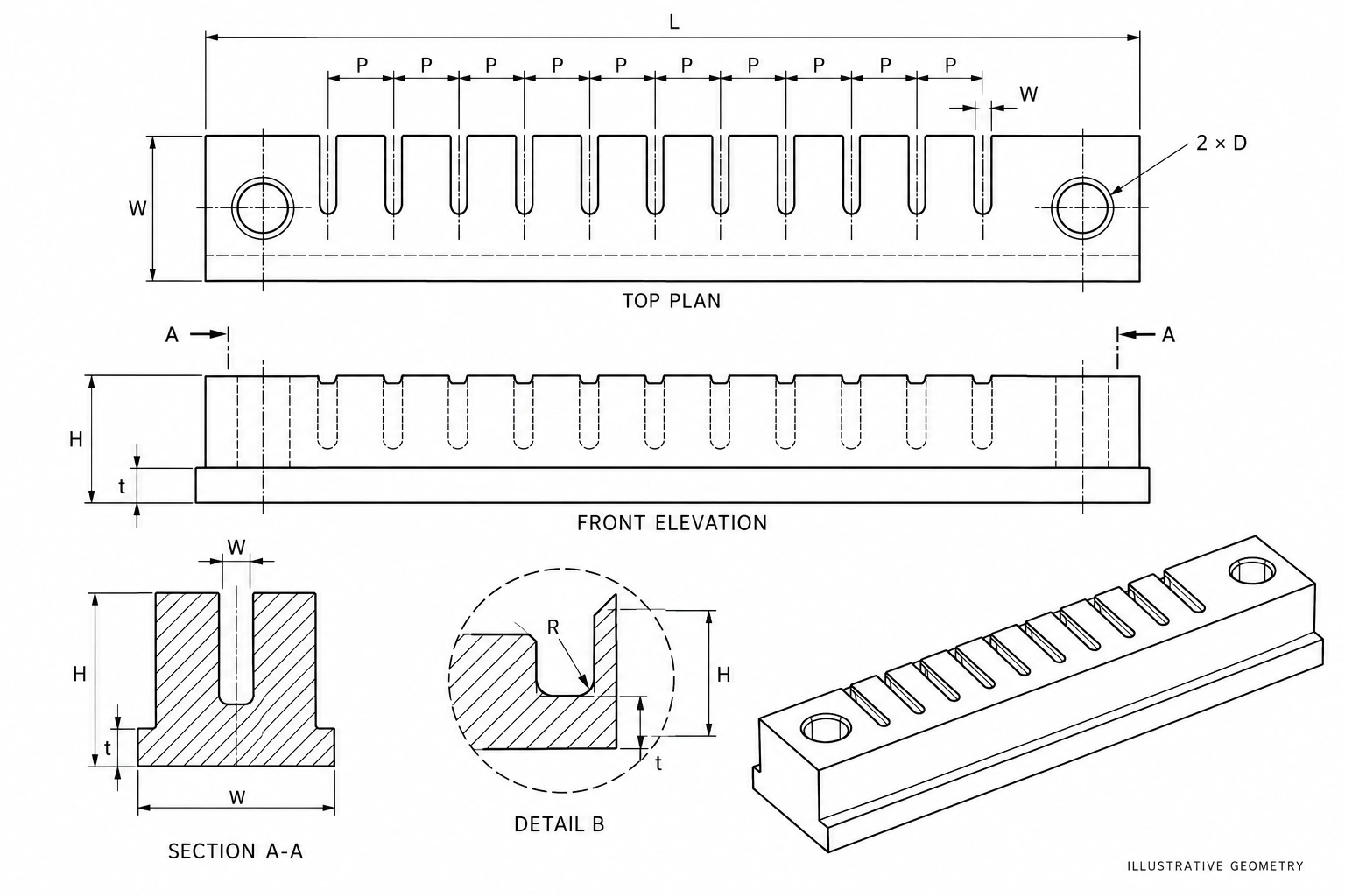 AI illustrative engineering line drawing: Thin steel. Repeated features.