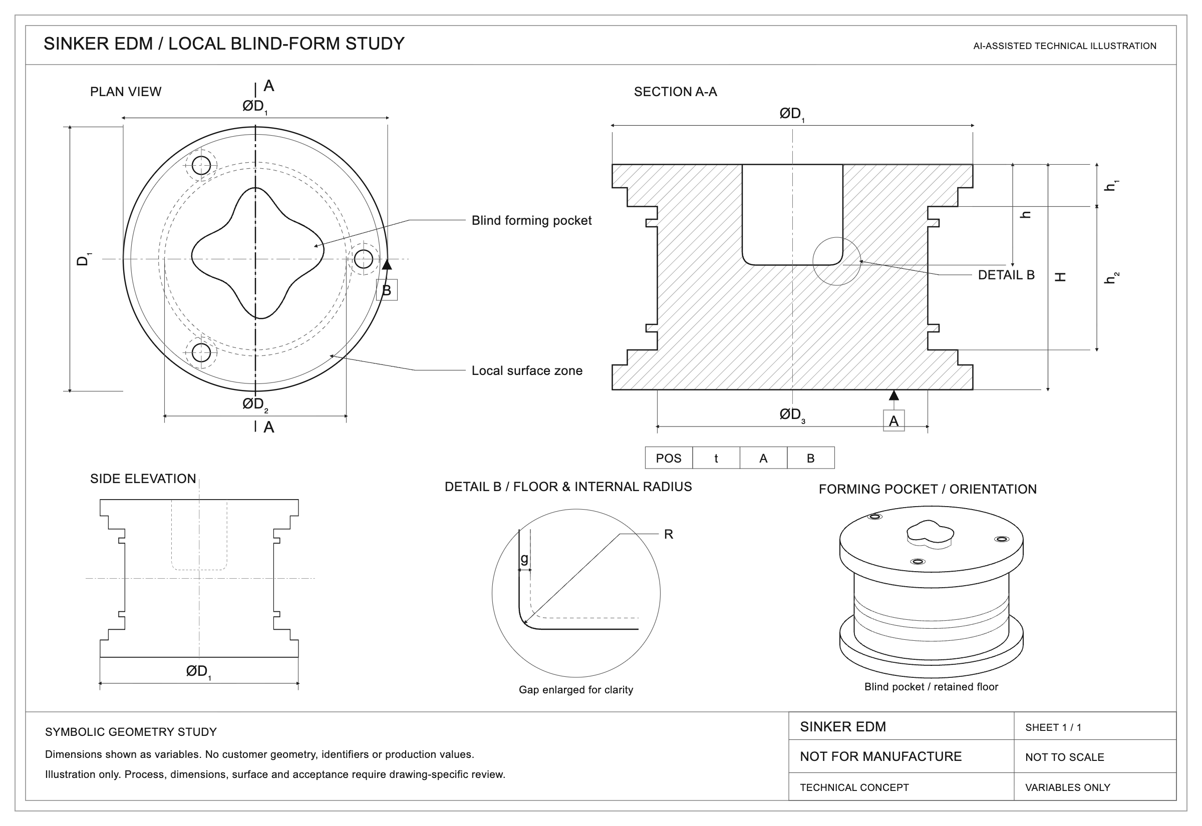 Sinker EDM technical illustration with section, plan, datums and symbolic dimensions