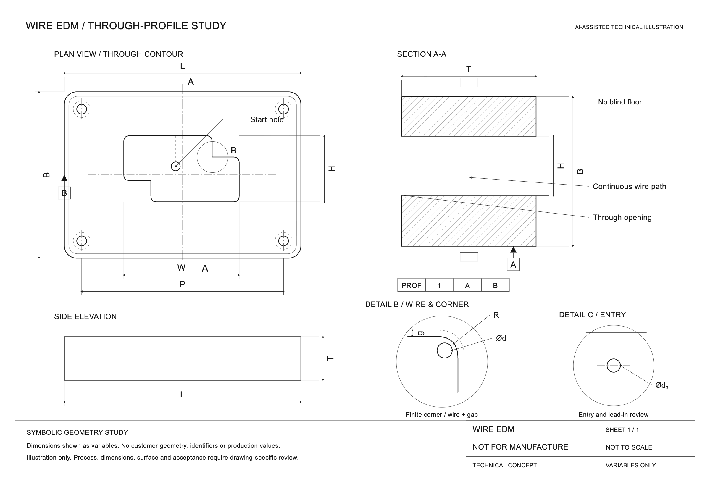 Wire EDM technical illustration with through section, entry hole, wire path and symbolic dimensions