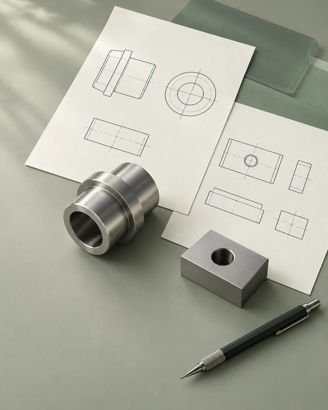 AI concept illustration of generic components, drawing sheets and a drafting pencil for RFQ preparation.