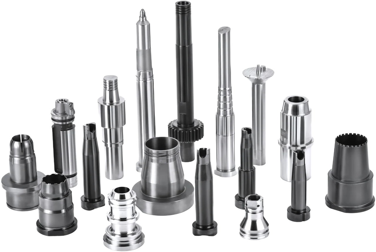 Steel mold components with threaded, cylindrical and stepped forming profiles
