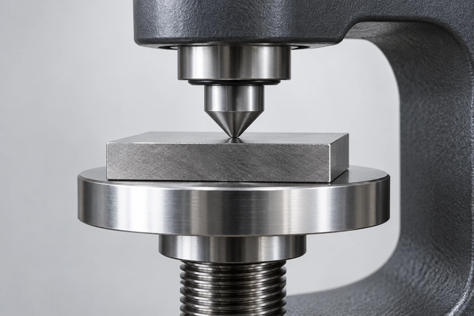 AI method illustration of a bench hardness tester contacting a steel coupon; no measured result