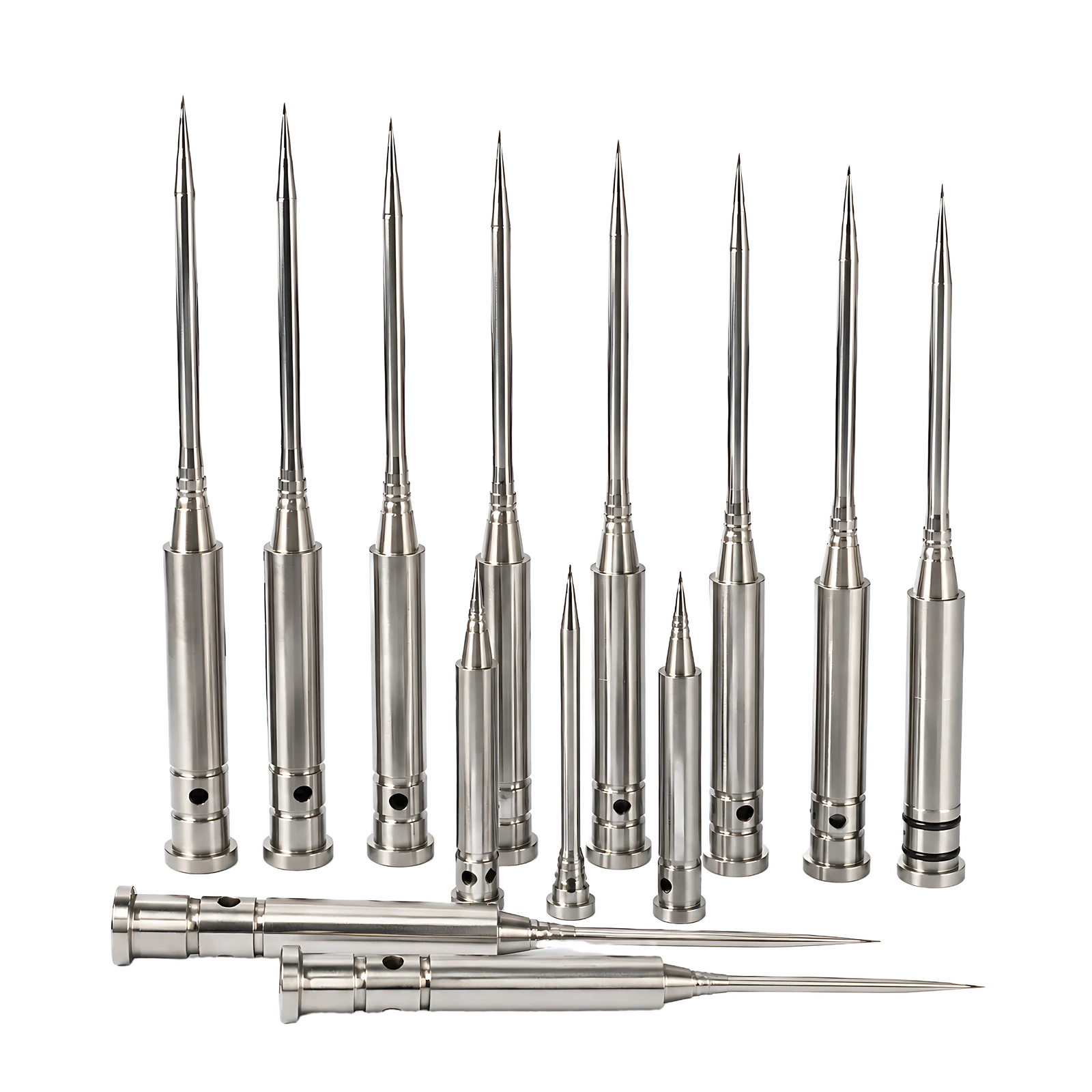 Library product image of slender pipette-tip mold core pins; AI-assisted enlargement and background removal