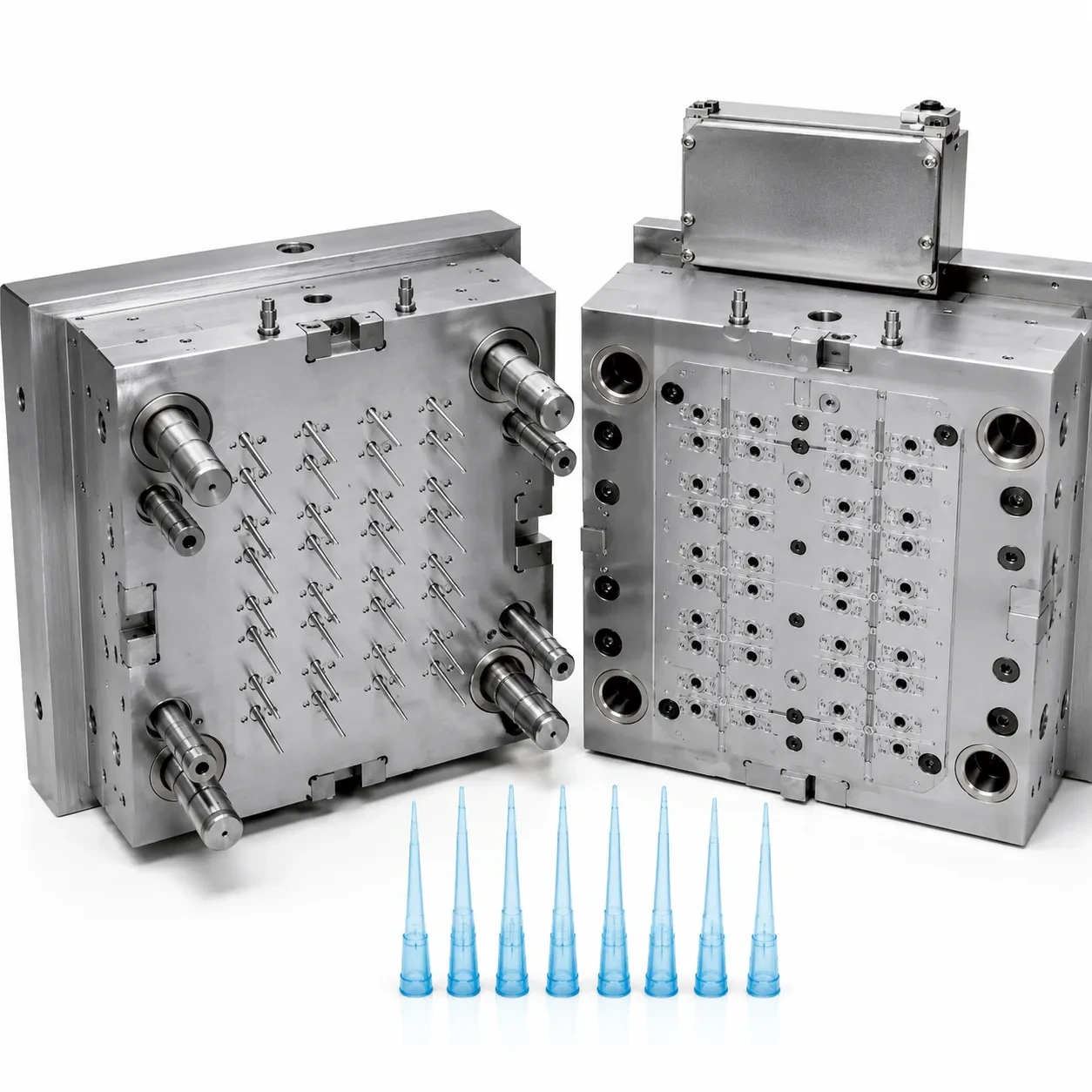 Library application reference of an open pipette-tip mold with tapered molded tips
