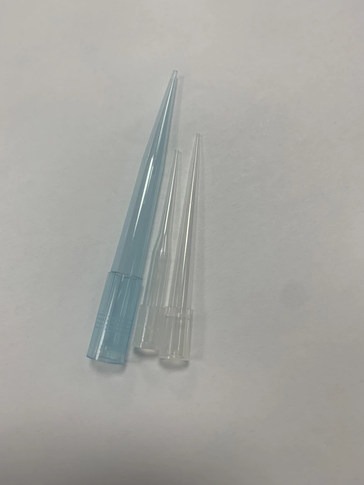 Reference photograph of three clear and blue pipette tips
