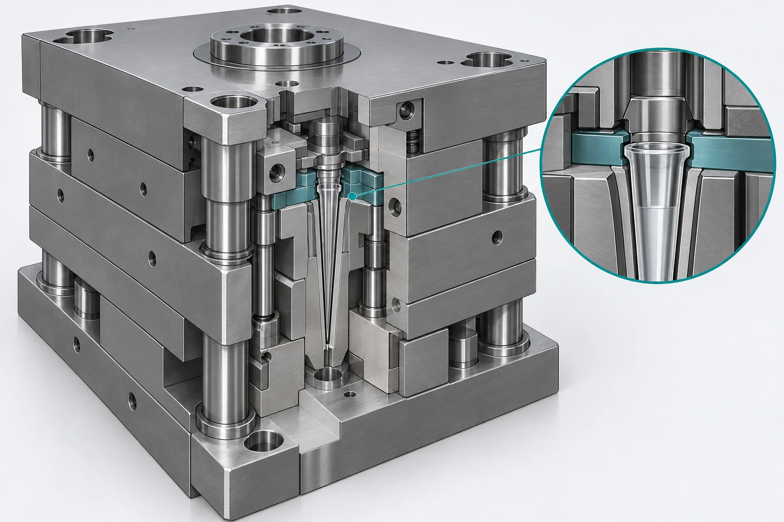 AI mold cutaway concept with core, cavity and stripping interfaces