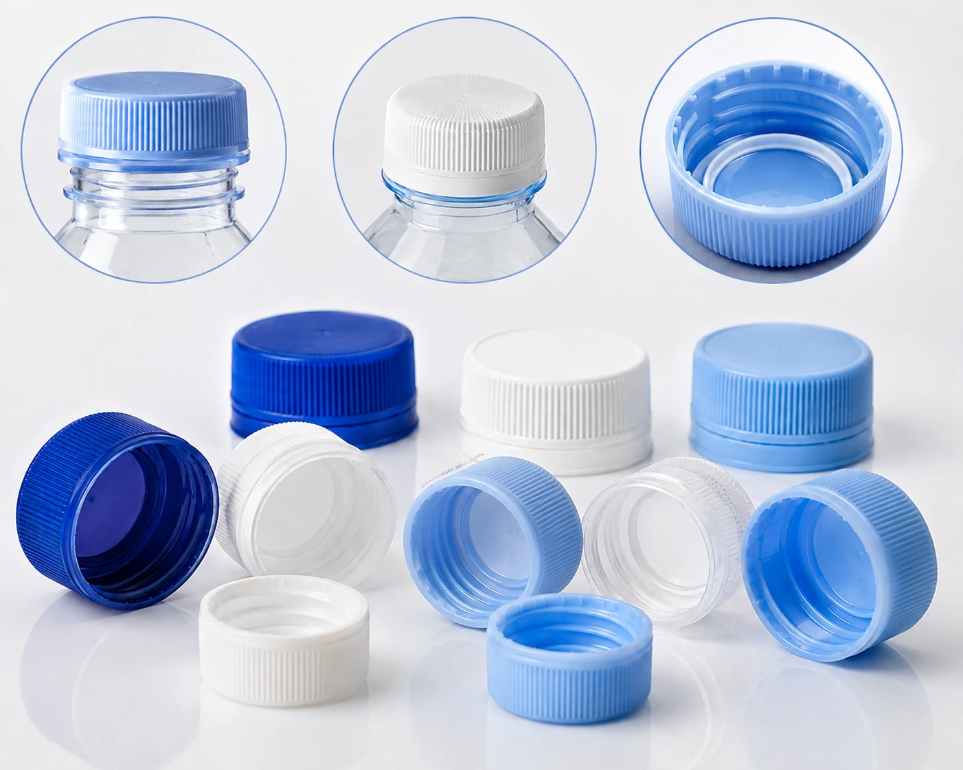Illustrative arrangement of blue and white bottle caps and bottle necks