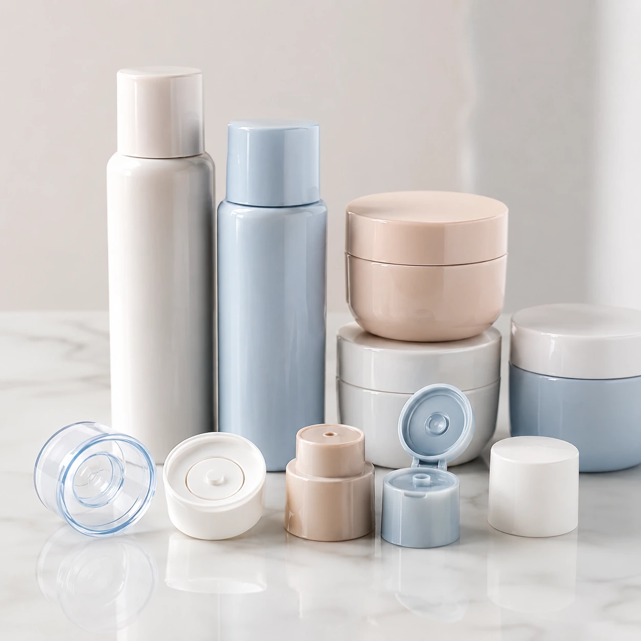 Illustrative cosmetic bottles, jars and closures in pale colors
