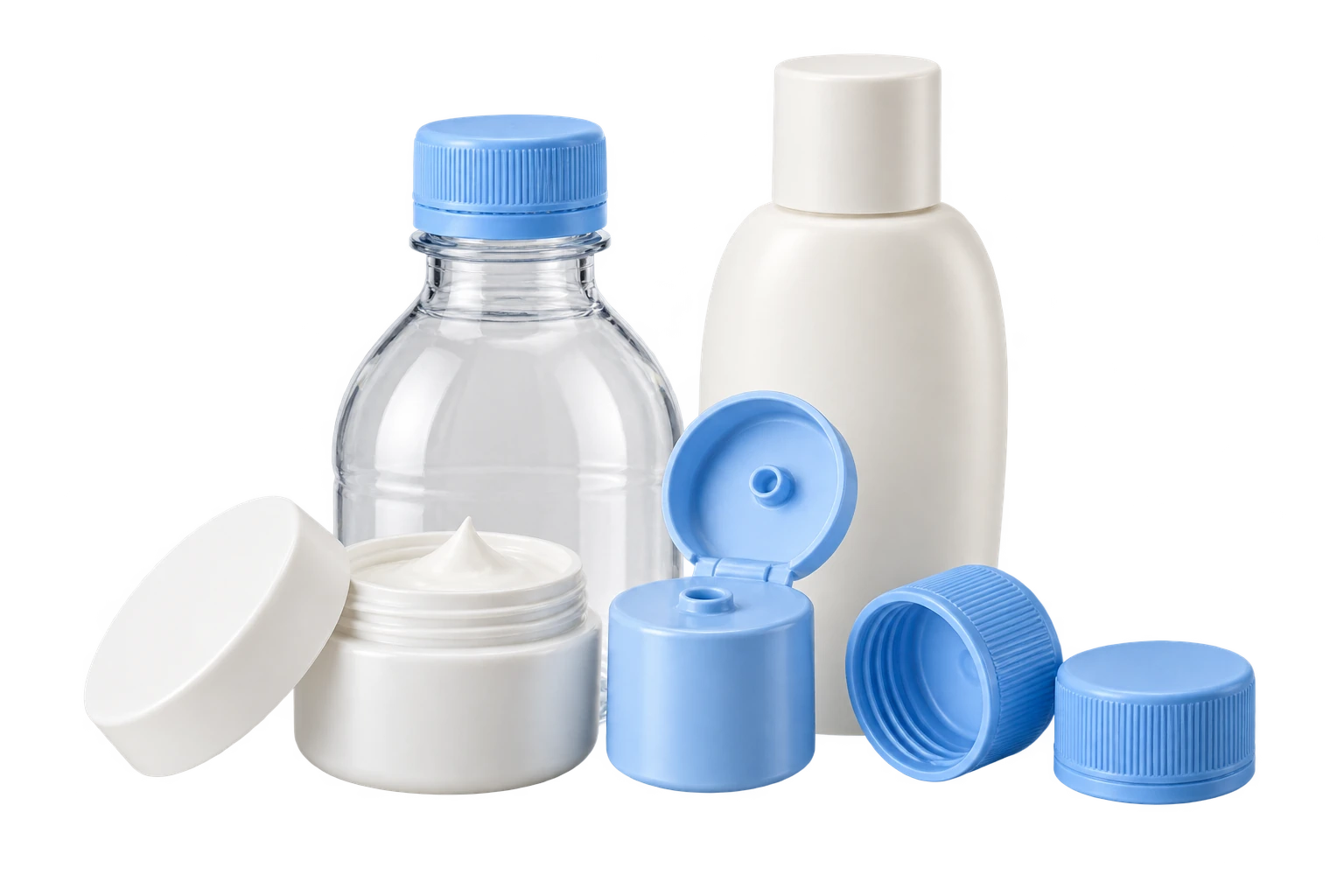 AI concept of bottles, caps, cosmetic packaging and closures