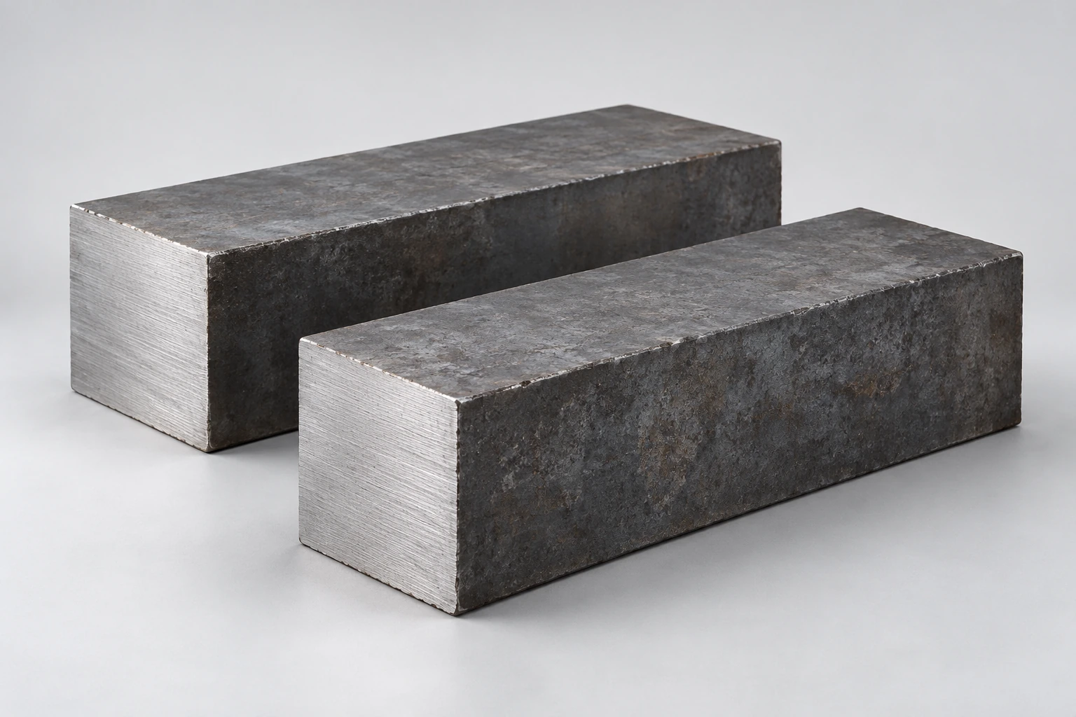 AI raw-stock illustration: rectangular tool-steel billets with darker stock surfaces