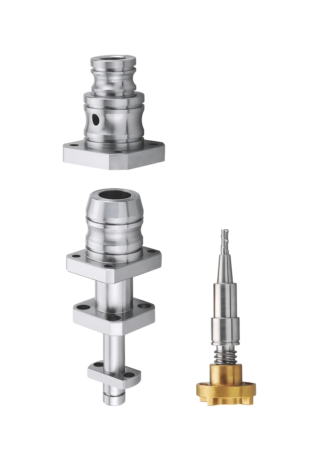 Stepped metal components with mounting flanges and a visible threaded feature
