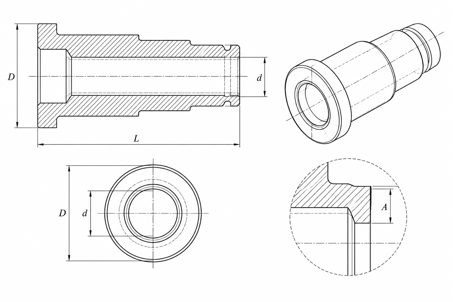 Generic sleeve line drawing showing OD, ID, shoulder, section and end view