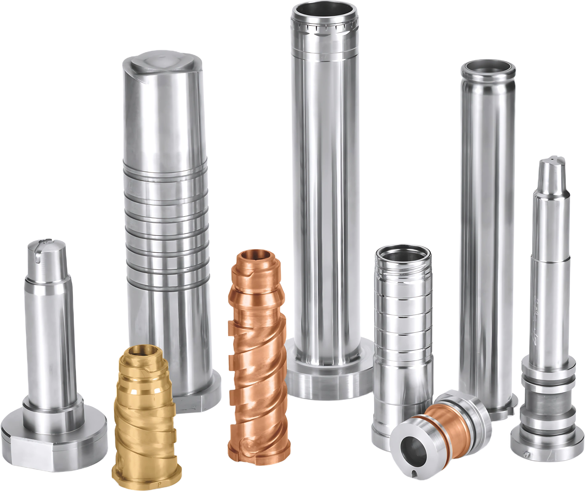 Metal mold components with cylindrical, stepped and sleeve features
