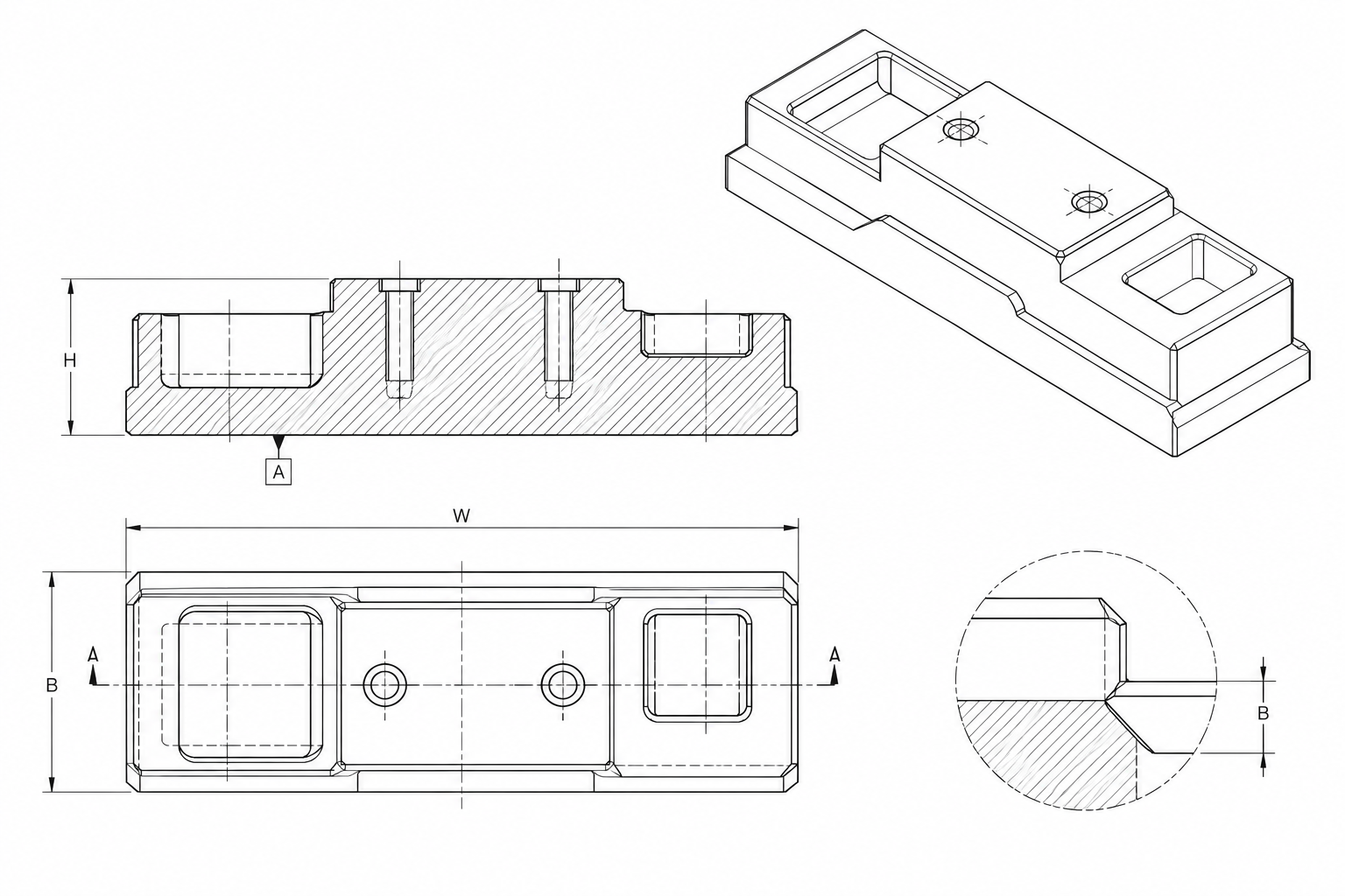 Generic insert line drawing with plan, section, side and reference-face views