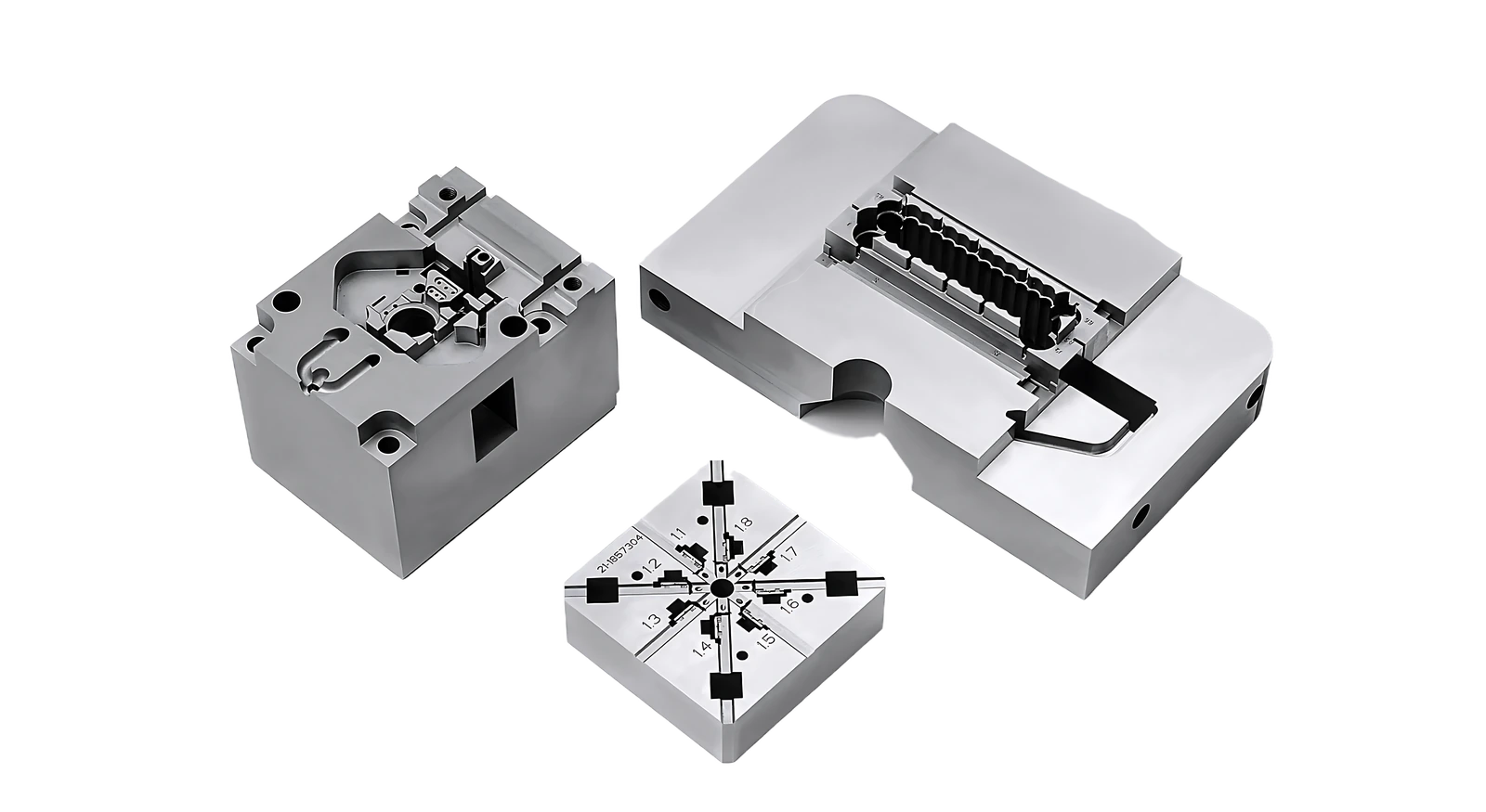 Machined mold insert examples with pockets, contours and locating holes