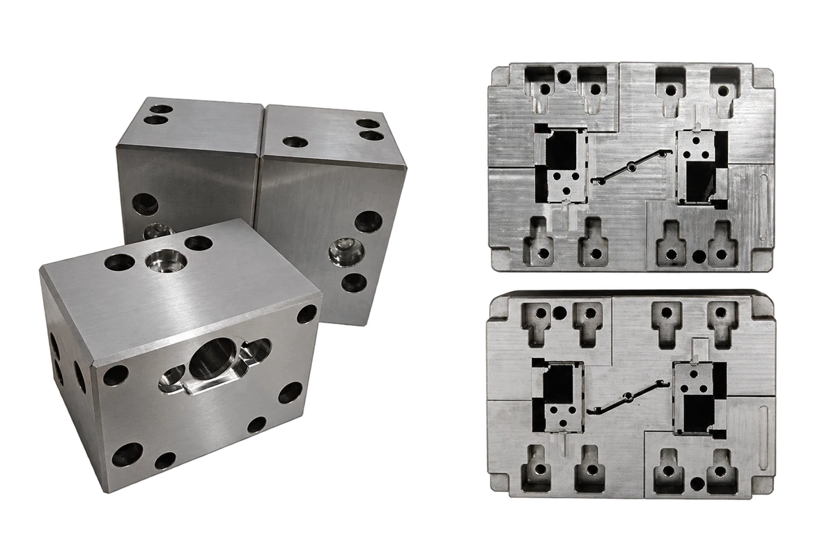 Background-removed display from source photograph: catalogue photograph of rectangular components with bores and mating interfaces