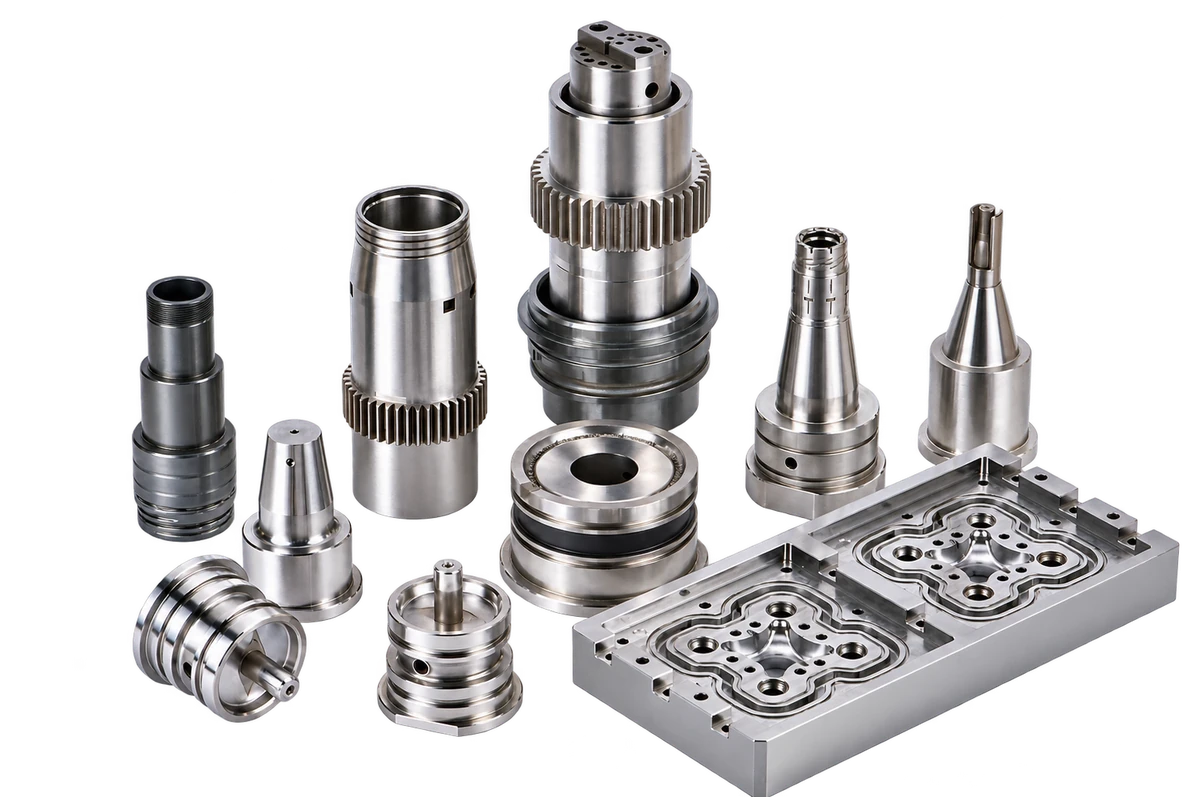 Background-removed display from source photograph: SENLAN catalogue photograph of cylindrical mold components, stepped profiles and forming plates