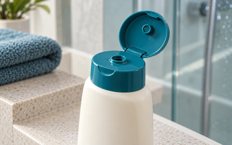 Shampoo bottle with an open teal flip-top cap on a shower shelf