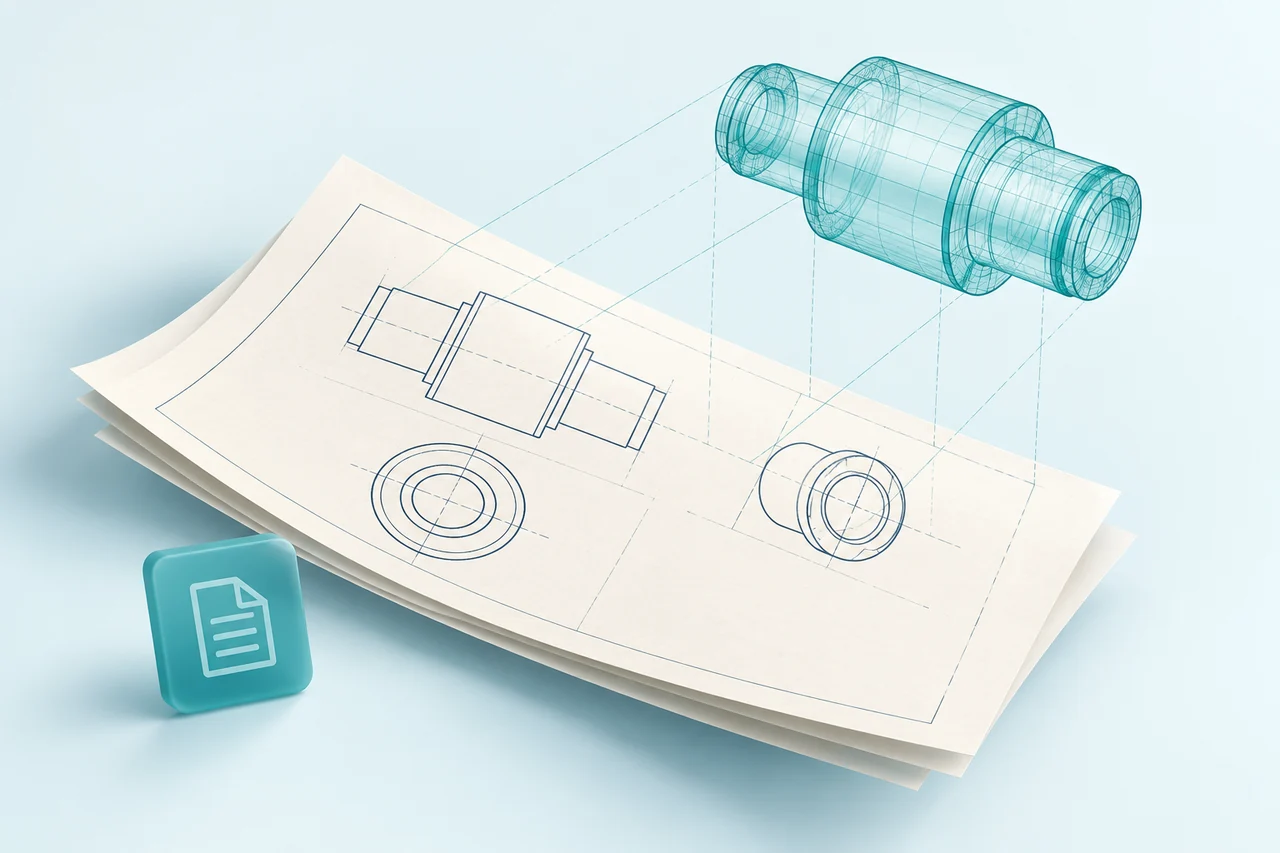 Concept illustration of a 2D drawing becoming a translucent 3D wireframe component