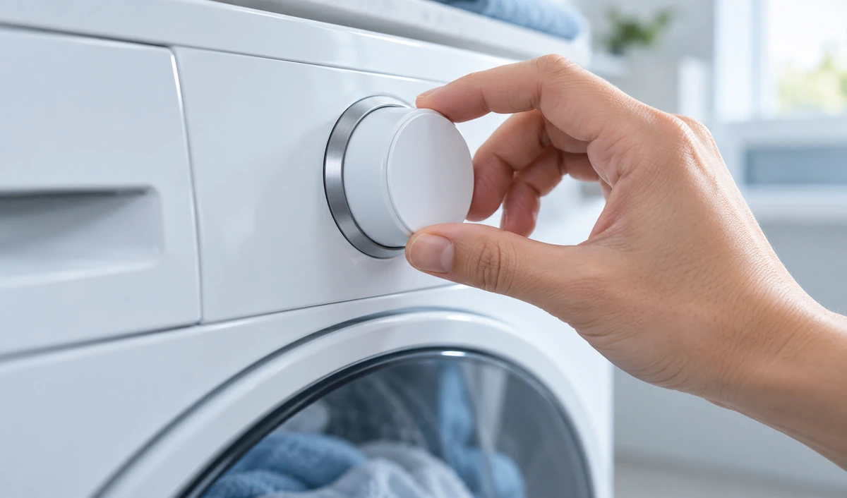 A hand turning a round control knob on a white washing machine