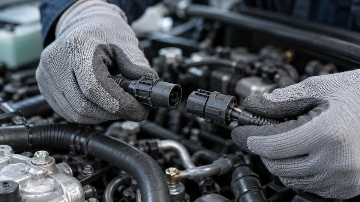 Gloved hands aligning a round automotive sensor connector in a car engine bay