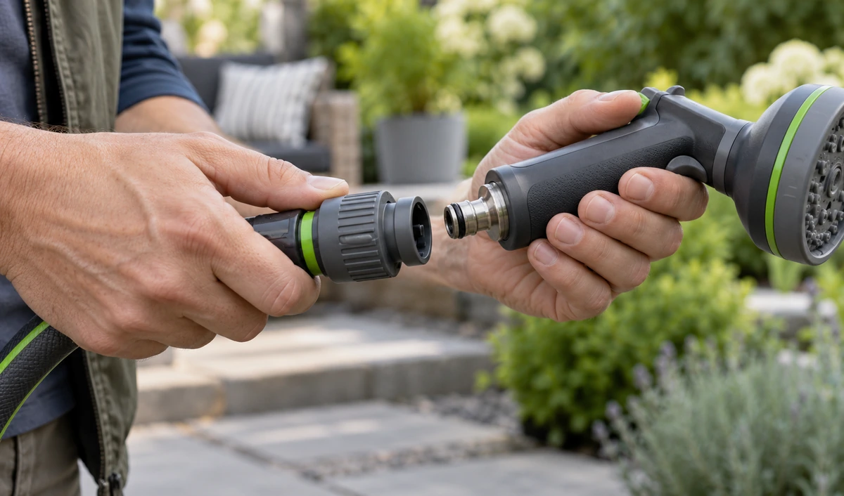 Hands aligning a cylindrical plastic garden hose coupling with a watering nozzle