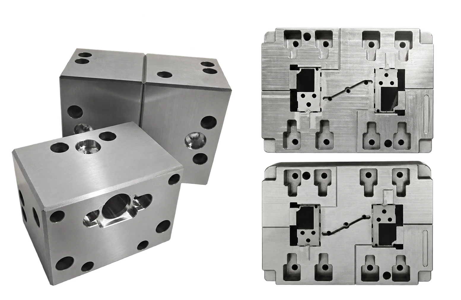 Steel mold blocks and inserts with machined pockets, holes and channels — AI-assisted transparent display version